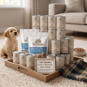 TierTr&auml;ume 3-Monats-Abo-Paket f&uuml;r Welpen mit Nassfutter-Dosen, Trockenfutter-Beuteln und einem Golden Retriever Welpen auf einem Tablett.