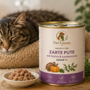 Eine schlafende getigerte Katze im Bettchen neben einer Dose TierTr&auml;ume Zarte Pute Nassfutter und einem gef&uuml;llten Futternapf.