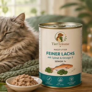 Eine langhaarige graue Katze liegt entspannt neben einer Dose TierTr&auml;ume Feiner Lachs Nassfutter und einer Schale Futter.