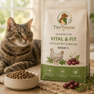 Eine Katze sitzt neben einer Packung Tiertr&auml;ume Trockenfutter Vital & Fit f&uuml;r Senioren mit Huhn und Cranberries.